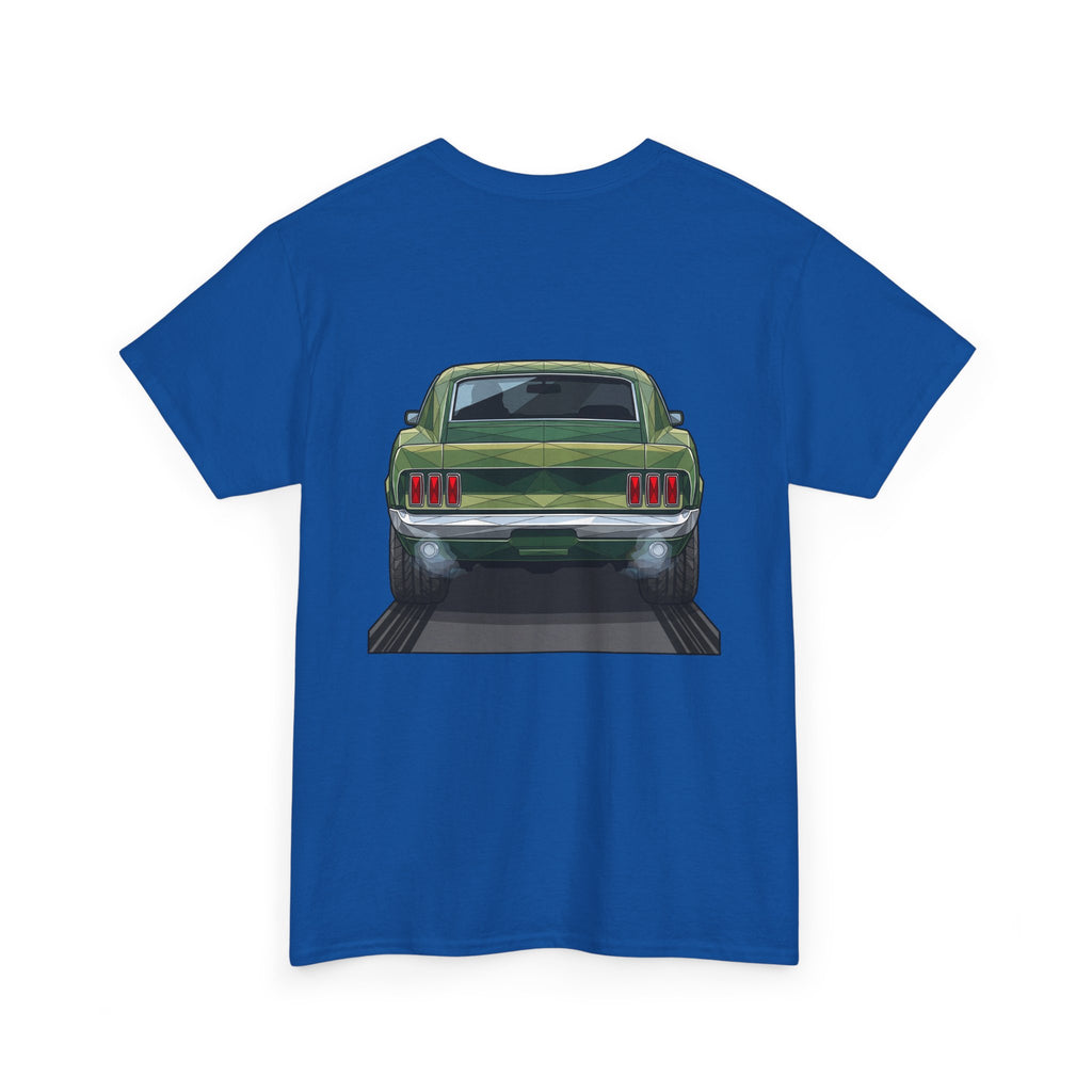 Royal blue T-shirt with vintage green muscle car grille and bumper graphic