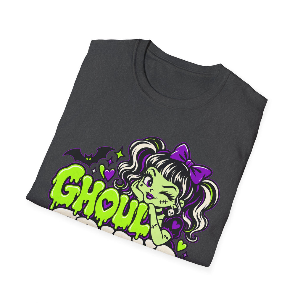 Dark gray T-shirt with cute monster girl graphic, green text and purple bat accents