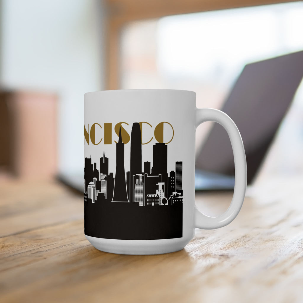 Ceramic mug with 'NCISCO' gold lettering and skyline silhouette on black band