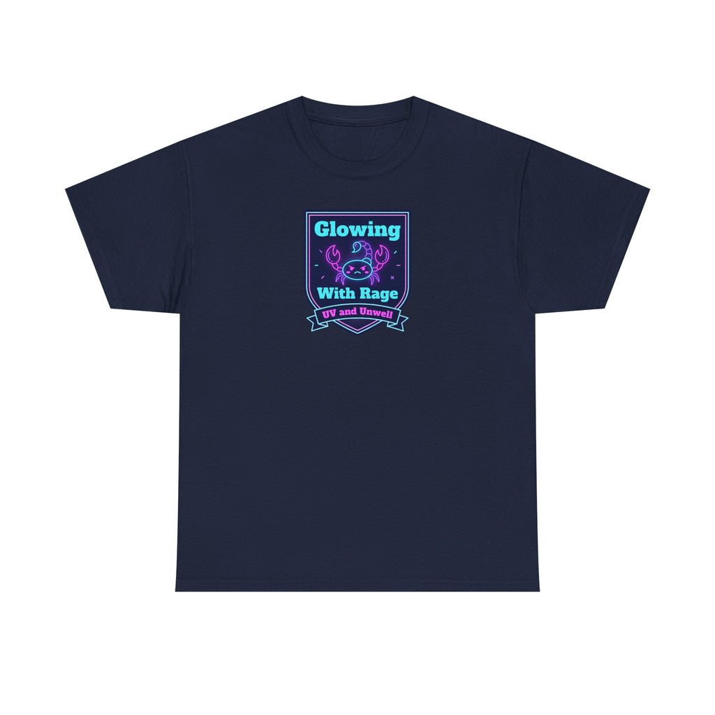 Navy crewneck tee with glowing neon shield graphic centered on chest