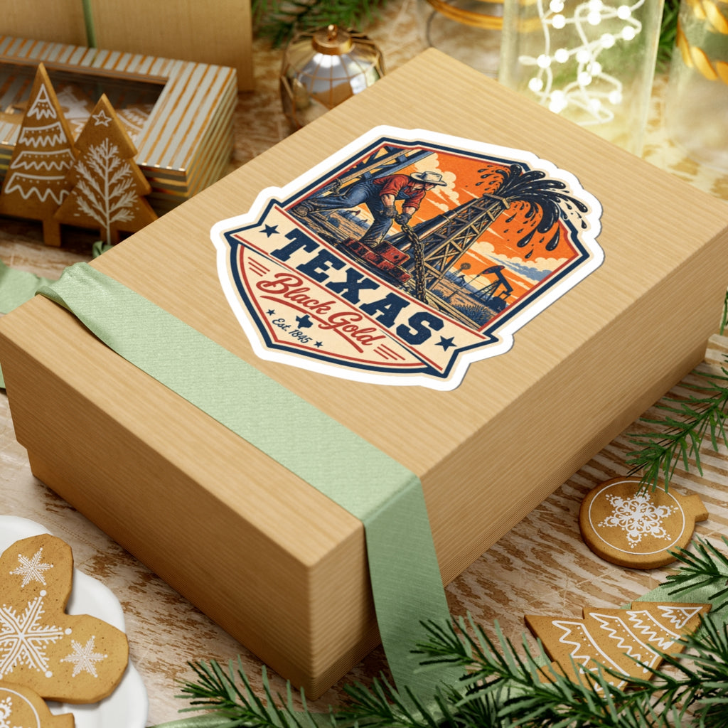 Texas Black Gold oil derrick sticker on gift box top, vintage Texas emblem