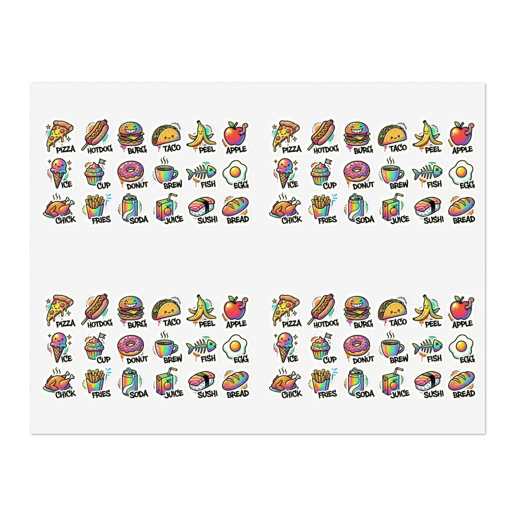 Food icon sticker sheet with colorful mini snack icons in rows on white backing