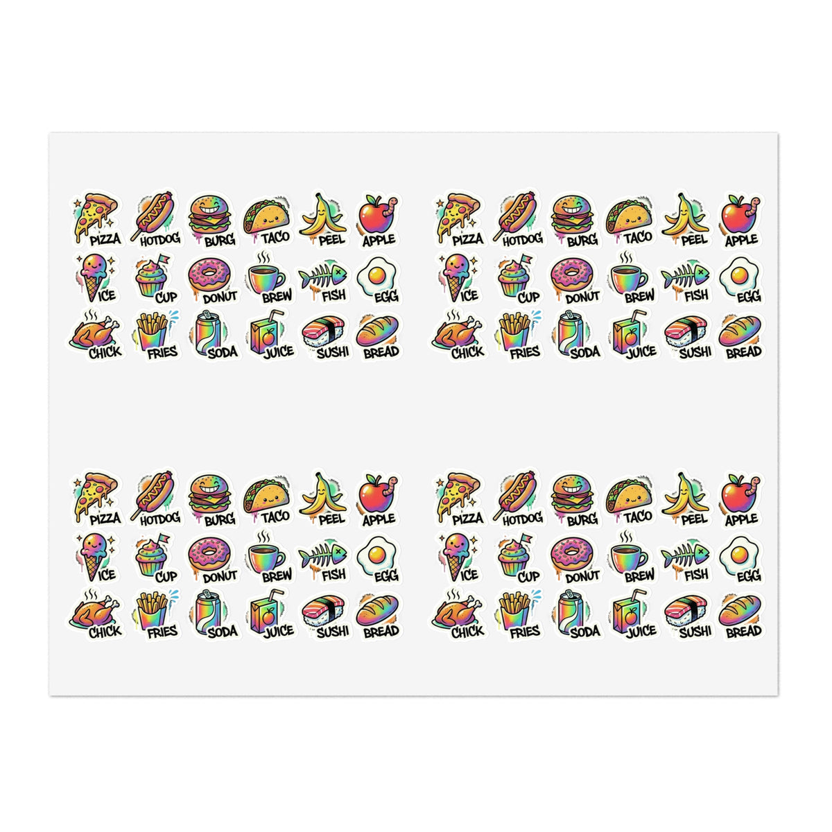 Food icon sticker sheet with colorful mini snack icons in rows on white backing