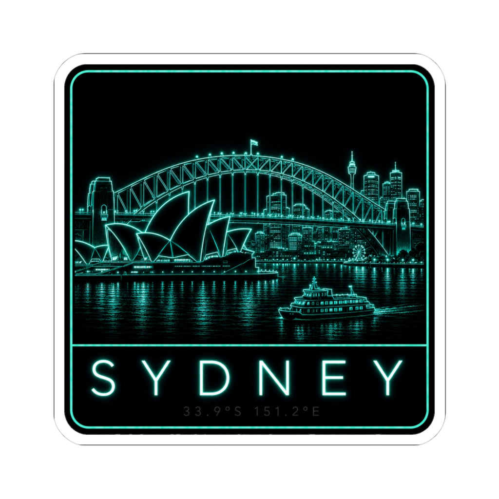 Neon Sydney skyline kiss-cut sticker, turquoise city outline with SYDNEY wordmark