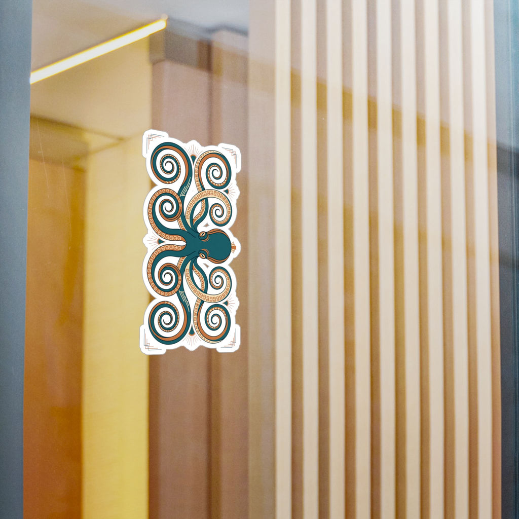 Ornate octopus decal on wall panel: teal octopus with orange spiral swirls
