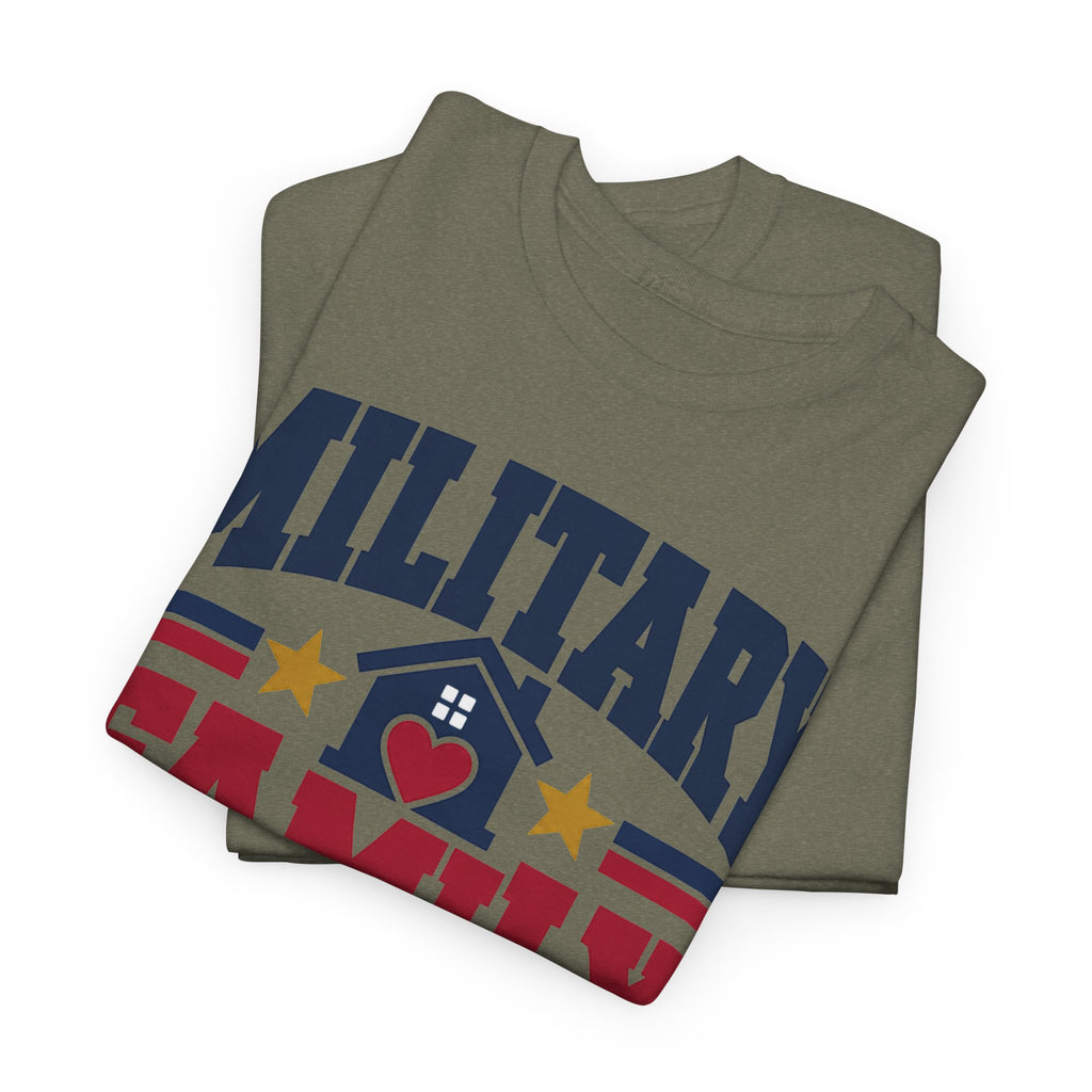 Olive green unisex crewneck T-shirt with patriotic graphic heart, stars, and flag accents.