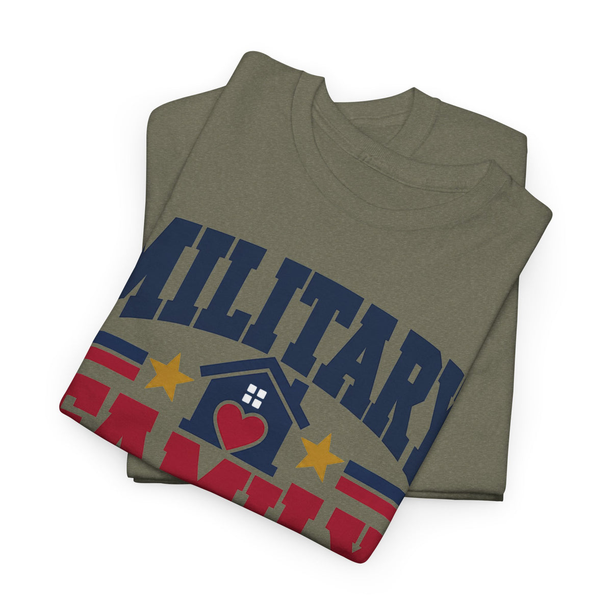 Olive green unisex crewneck T-shirt with patriotic graphic heart, stars, and flag accents.
