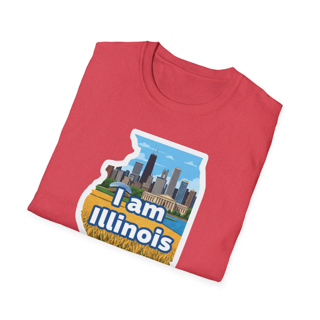 Red heather T-shirt with "I am Illinois" skyline and farmland design