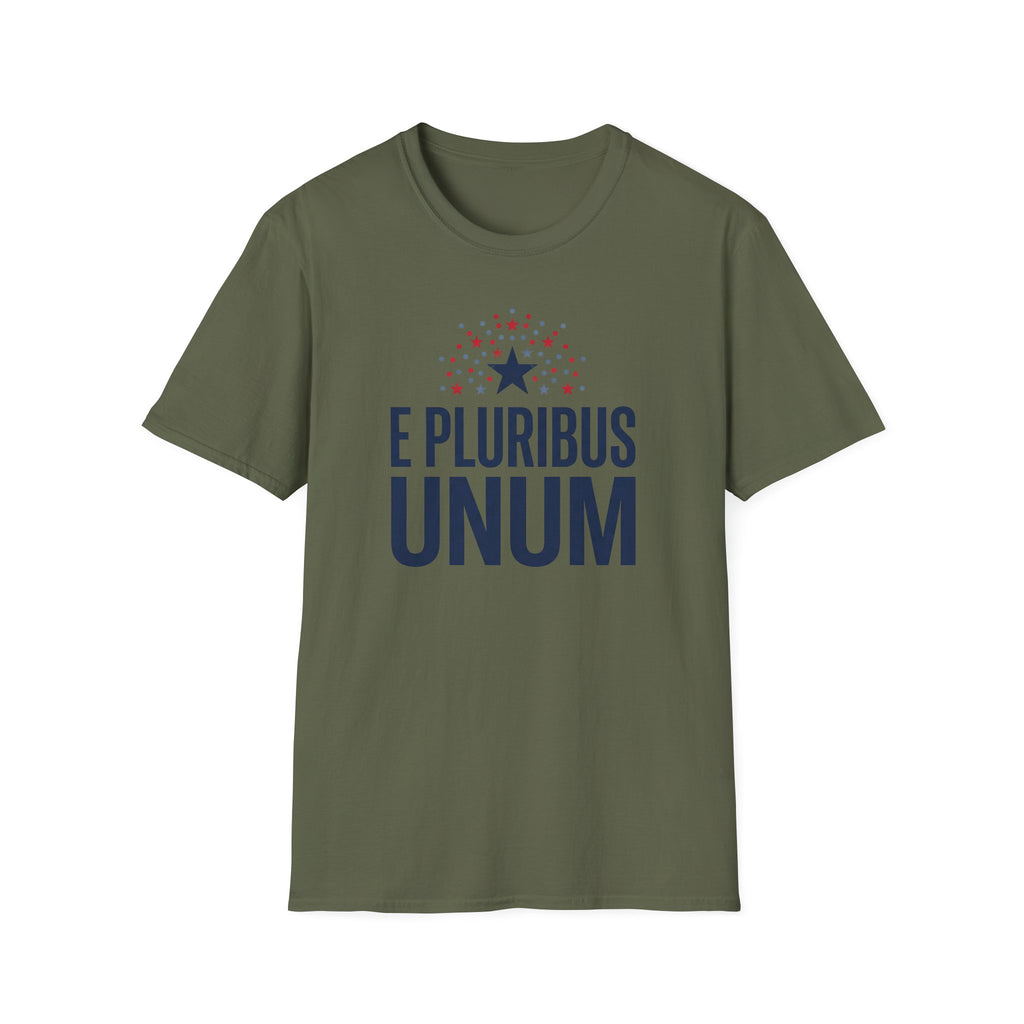 Olive-green crew-neck T-shirt with centered 'E PLURIBUS UNUM' graphic