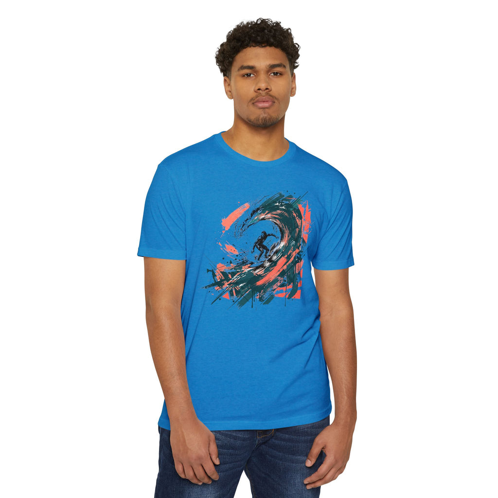 Blue crewneck T-shirt with abstract wave paintbrush graphic on chest