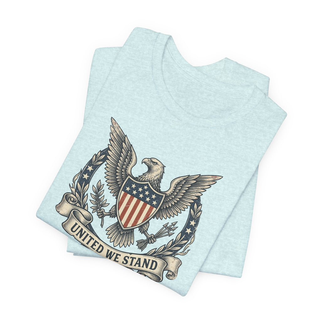 Light blue crewneck T-shirt with United We Stand shield-and-eagle graphic