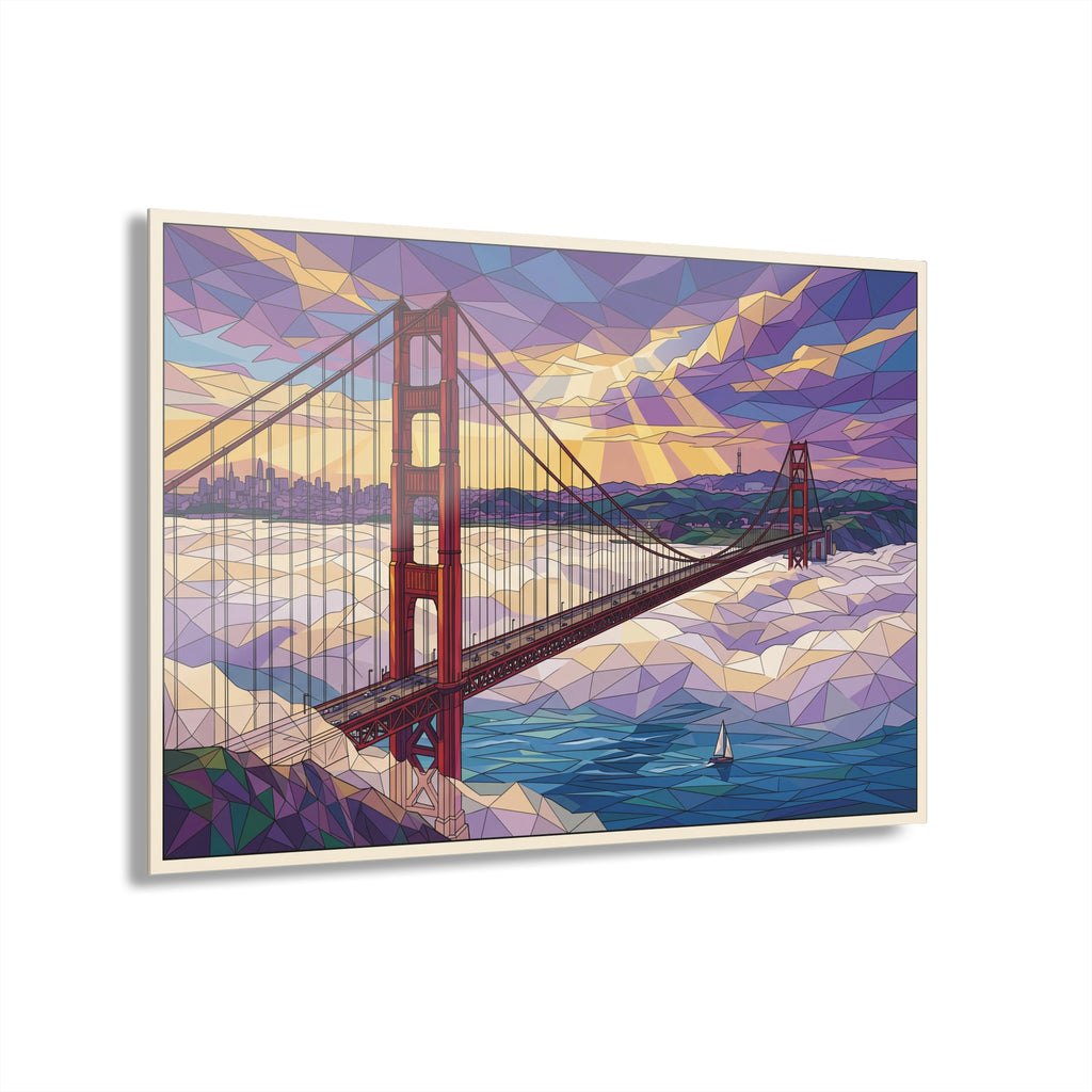 Golden Gate Bridge geometric acrylic wall art with colorful polygon sky and bridge