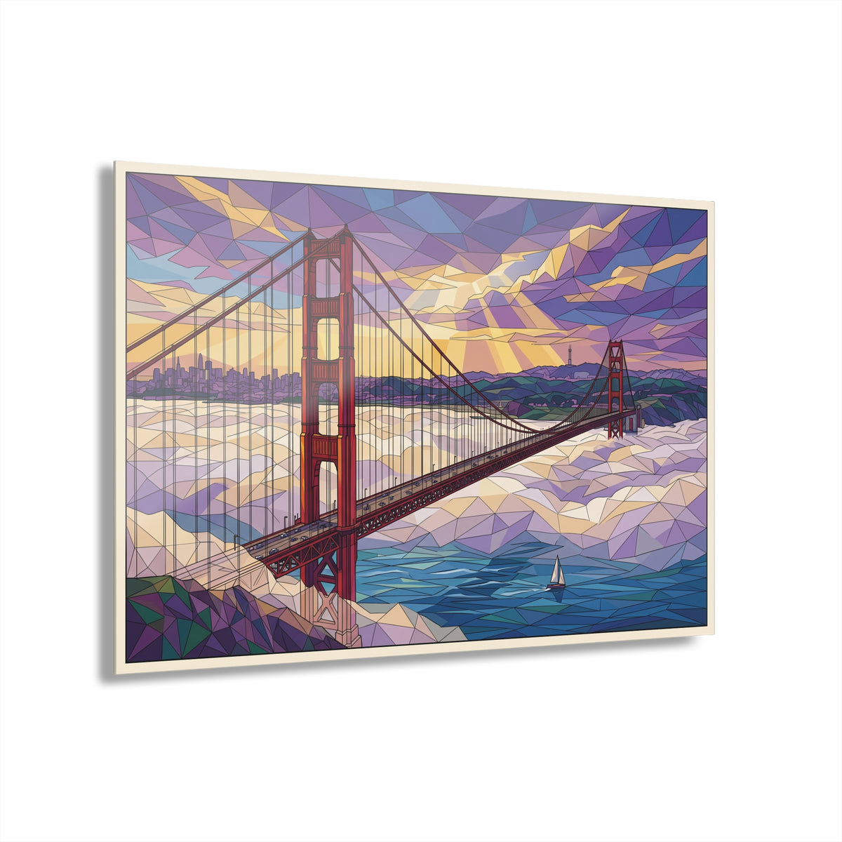 Golden Gate Bridge geometric acrylic wall art with colorful polygon sky and bridge