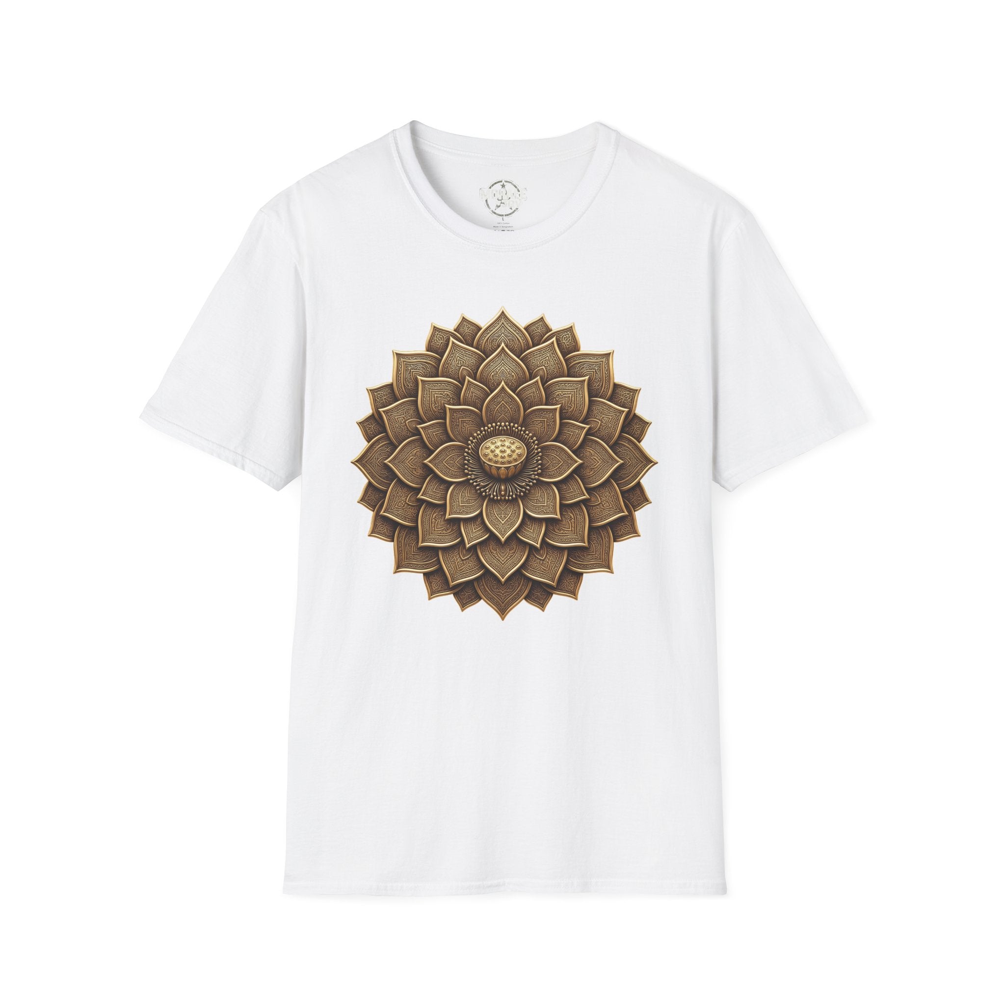 White T-shirt with bronze geometric flower mandala sunburst front print