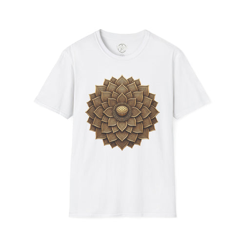 White T-shirt with bronze geometric flower mandala sunburst front print