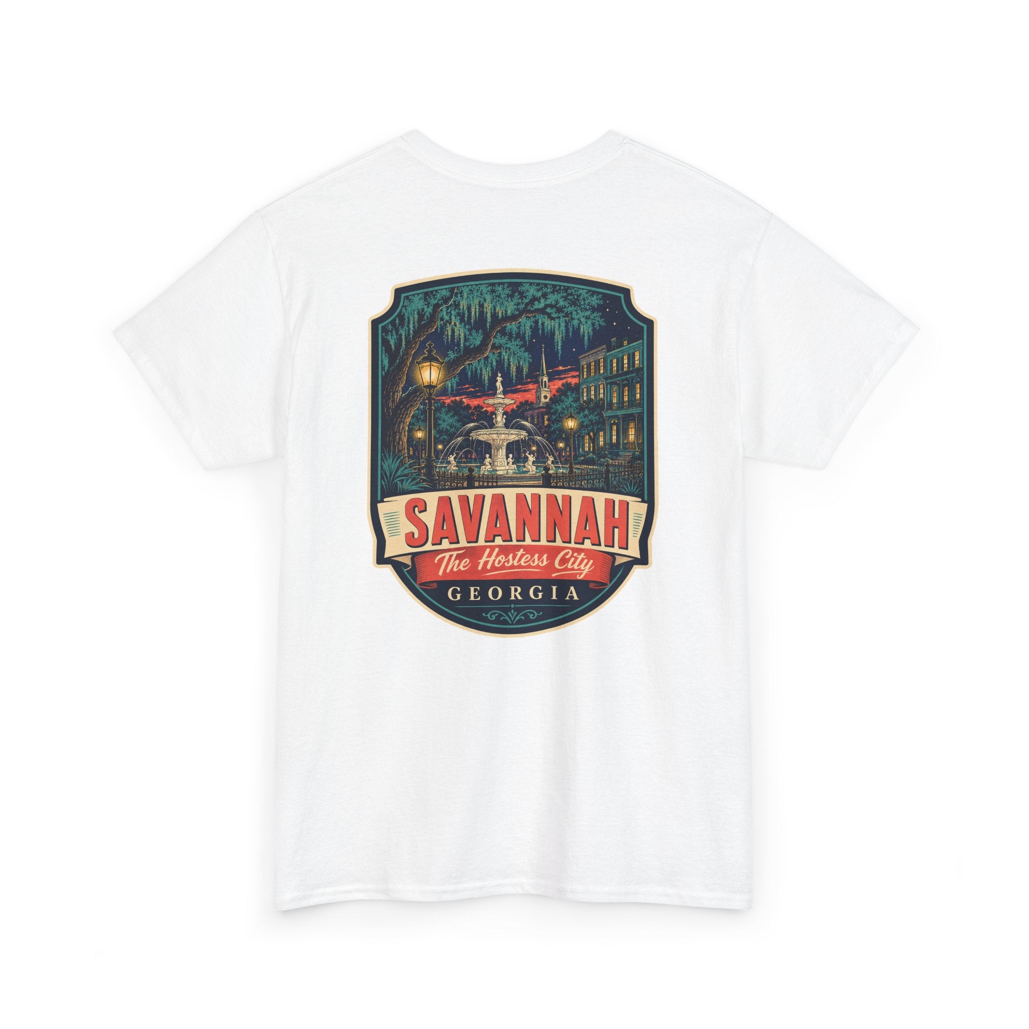 White Savannah city badge graphic T-shirt with short sleeves and crew neck.
