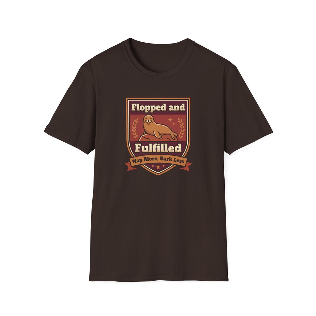 Dark brown T-shirt flat lay with front seal logo print