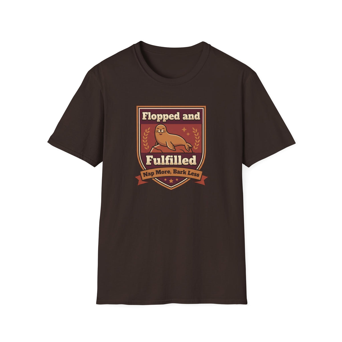 Dark brown T-shirt flat lay with front seal logo print