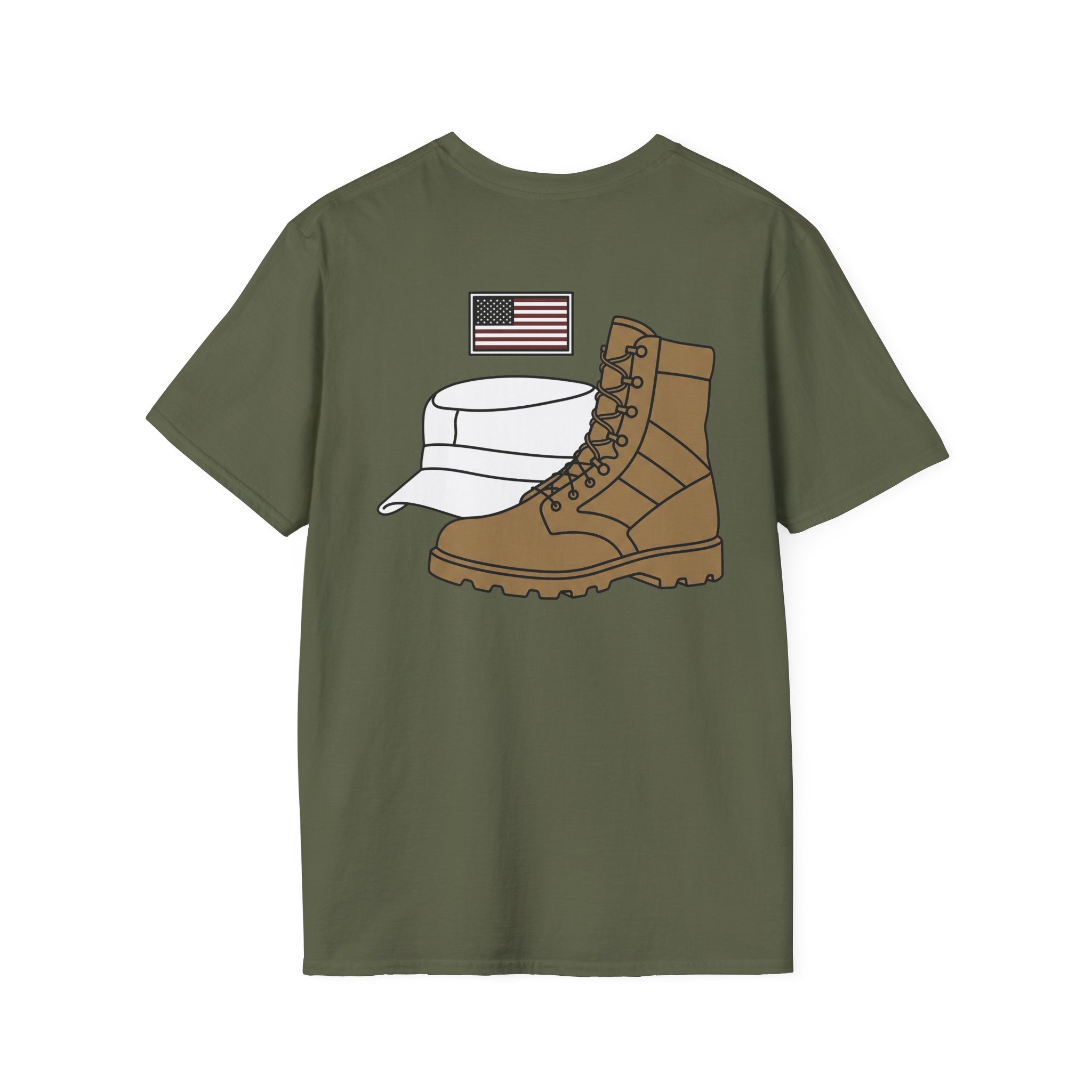 Olive green T-shirt with hat, boots, and U.S. flag graphic on the front.