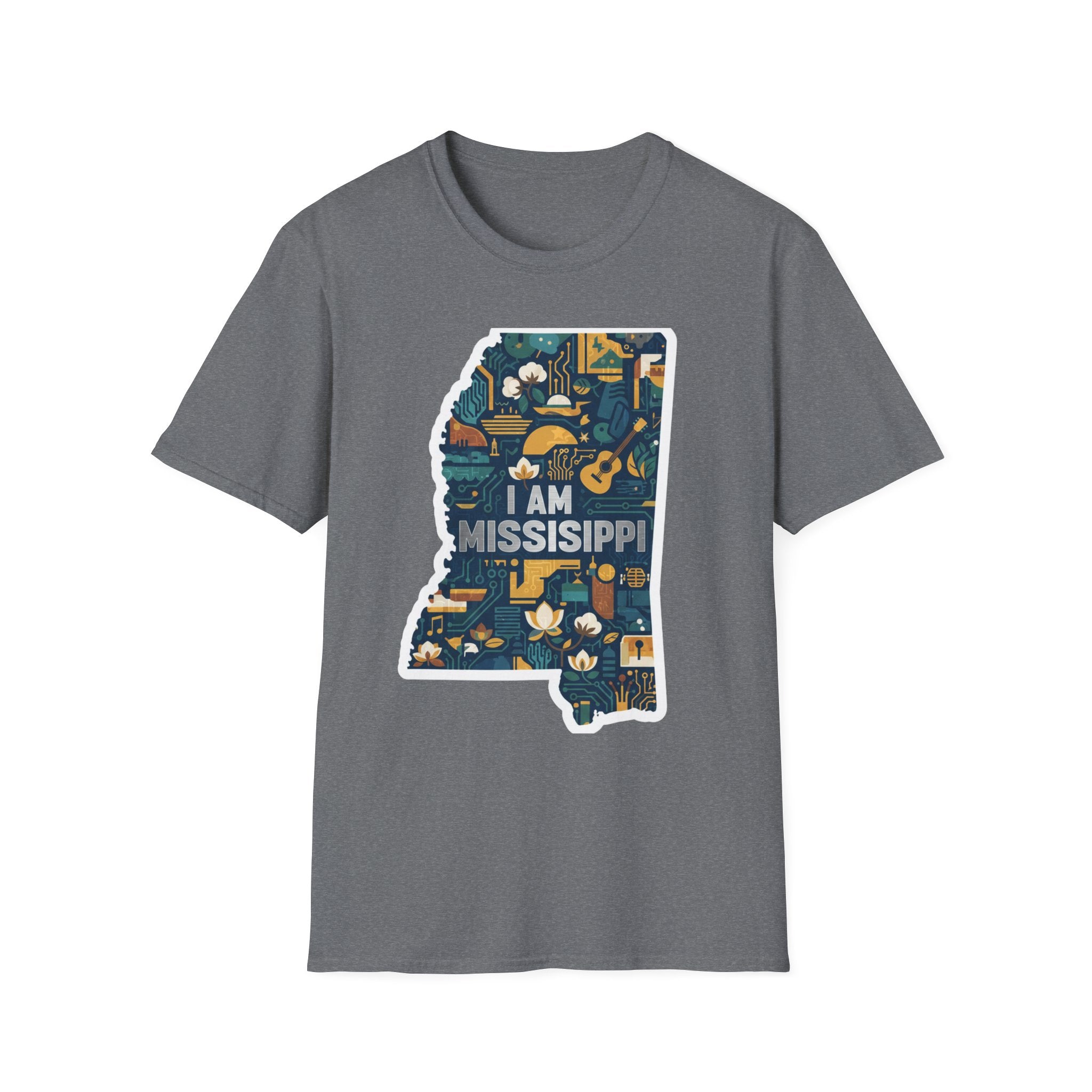 Dark Heather T-shirt with colorful Mississippi state map graphic and "I AM MISSISSIPPI"