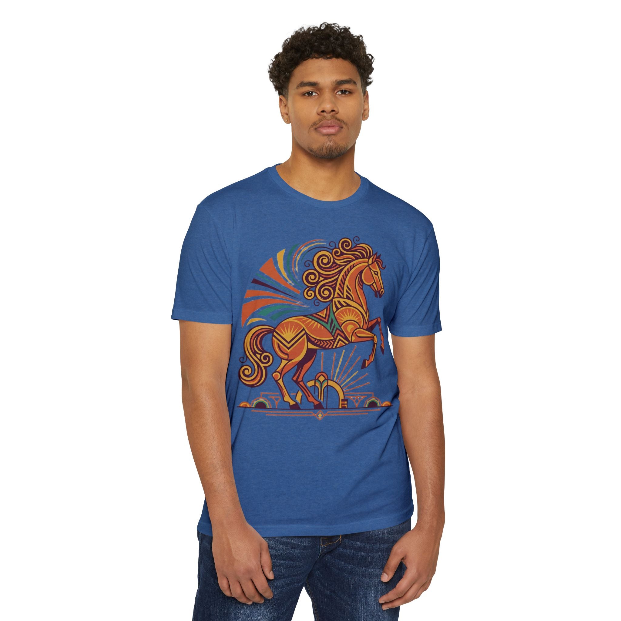 Blue crewneck T-shirt with colorful prancing horse graphic and sunburst rays on front