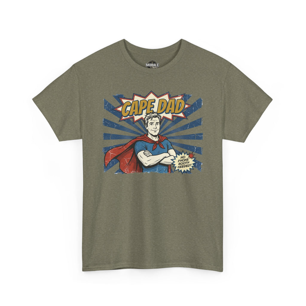 Heather Military Green Cape Dad superhero T-shirt with retro comic front graphic