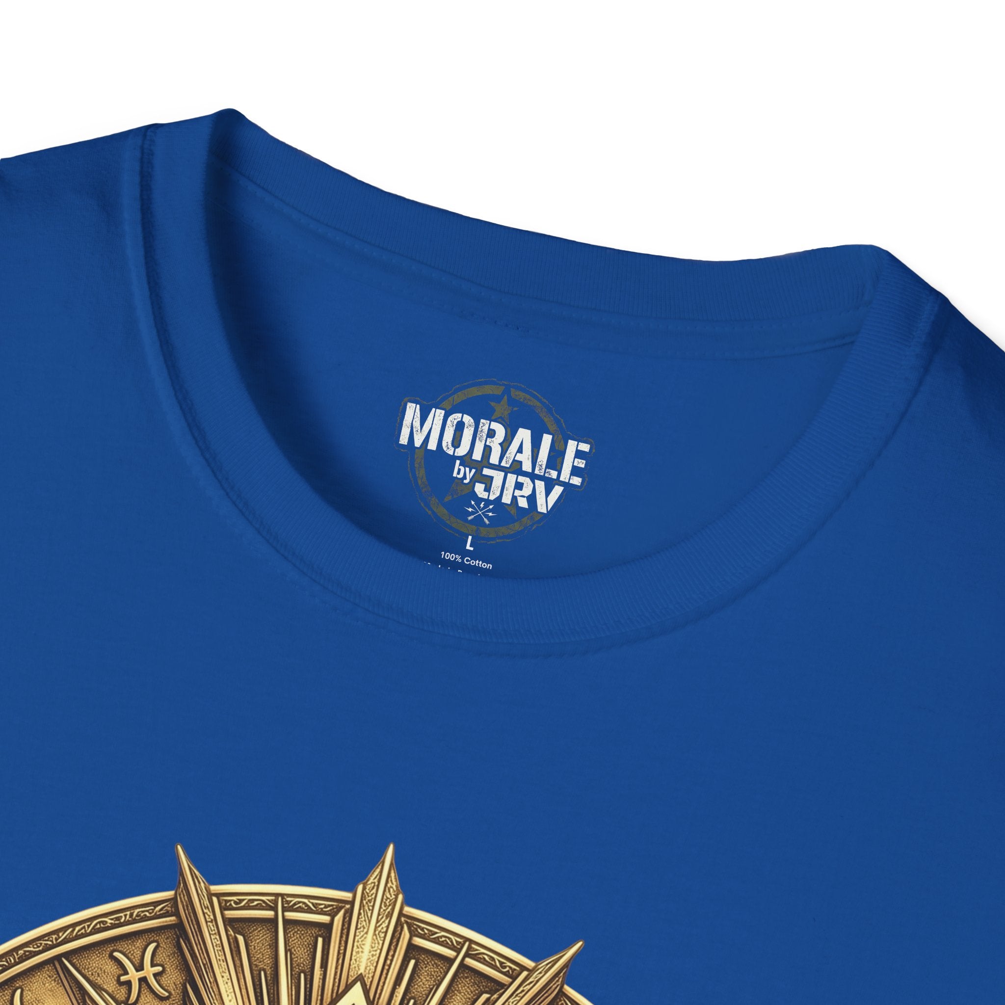 Royal blue T-shirt neckline with small chest logo and partial gold symbol