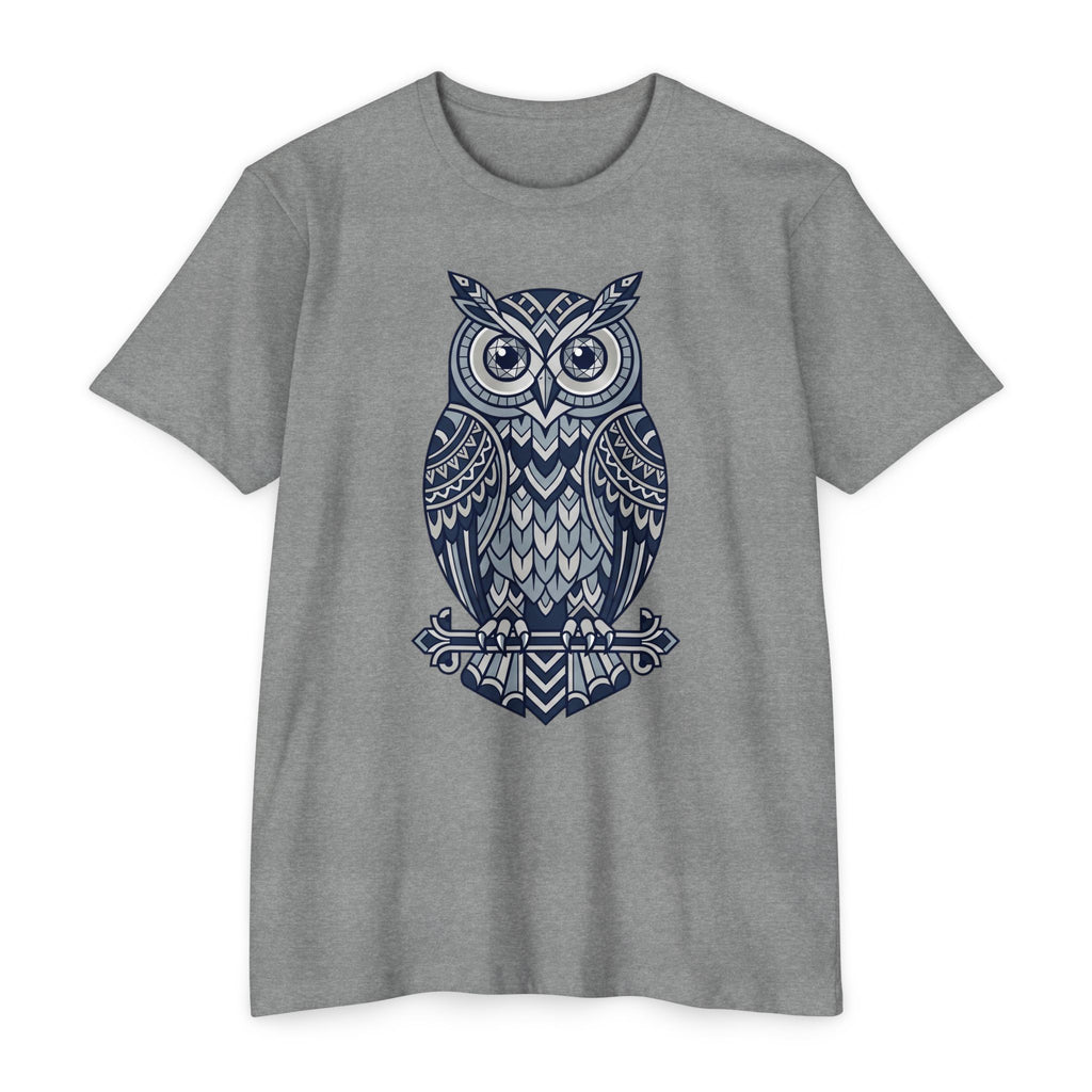Graphic owl T-shirt, heather gray crew neck short sleeves, blue owl graphic