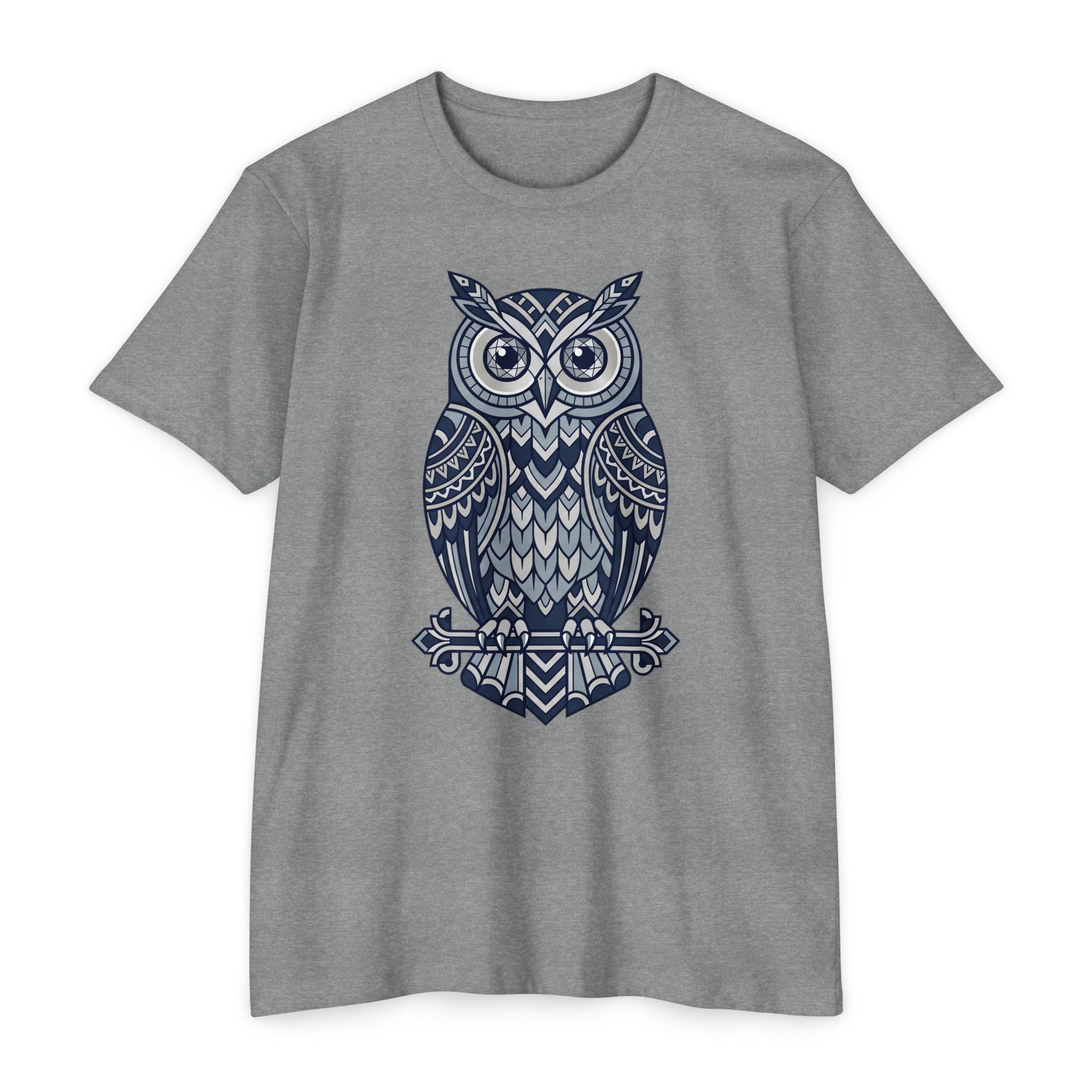 Graphic owl T-shirt, heather gray crew neck short sleeves, blue owl graphic