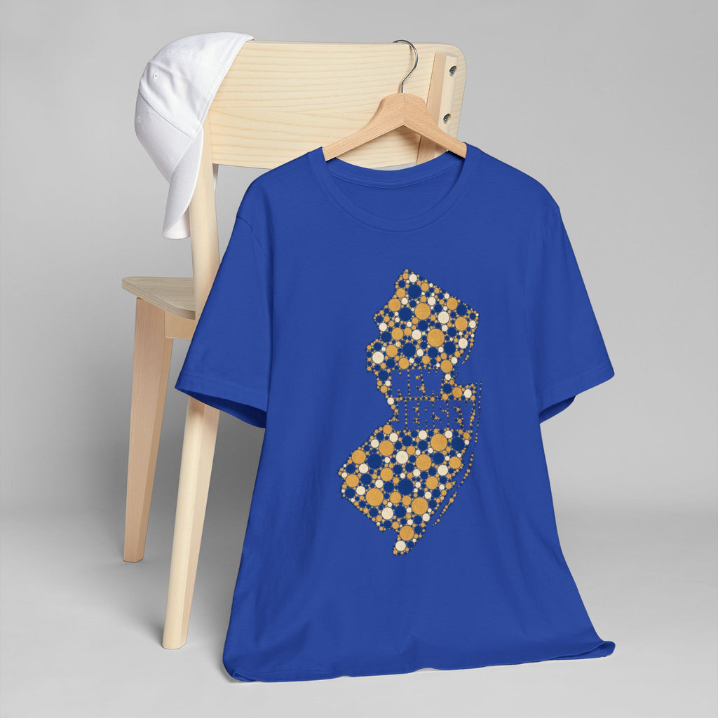 Royal blue crewneck T-shirt with dotted New Jersey floral map graphic