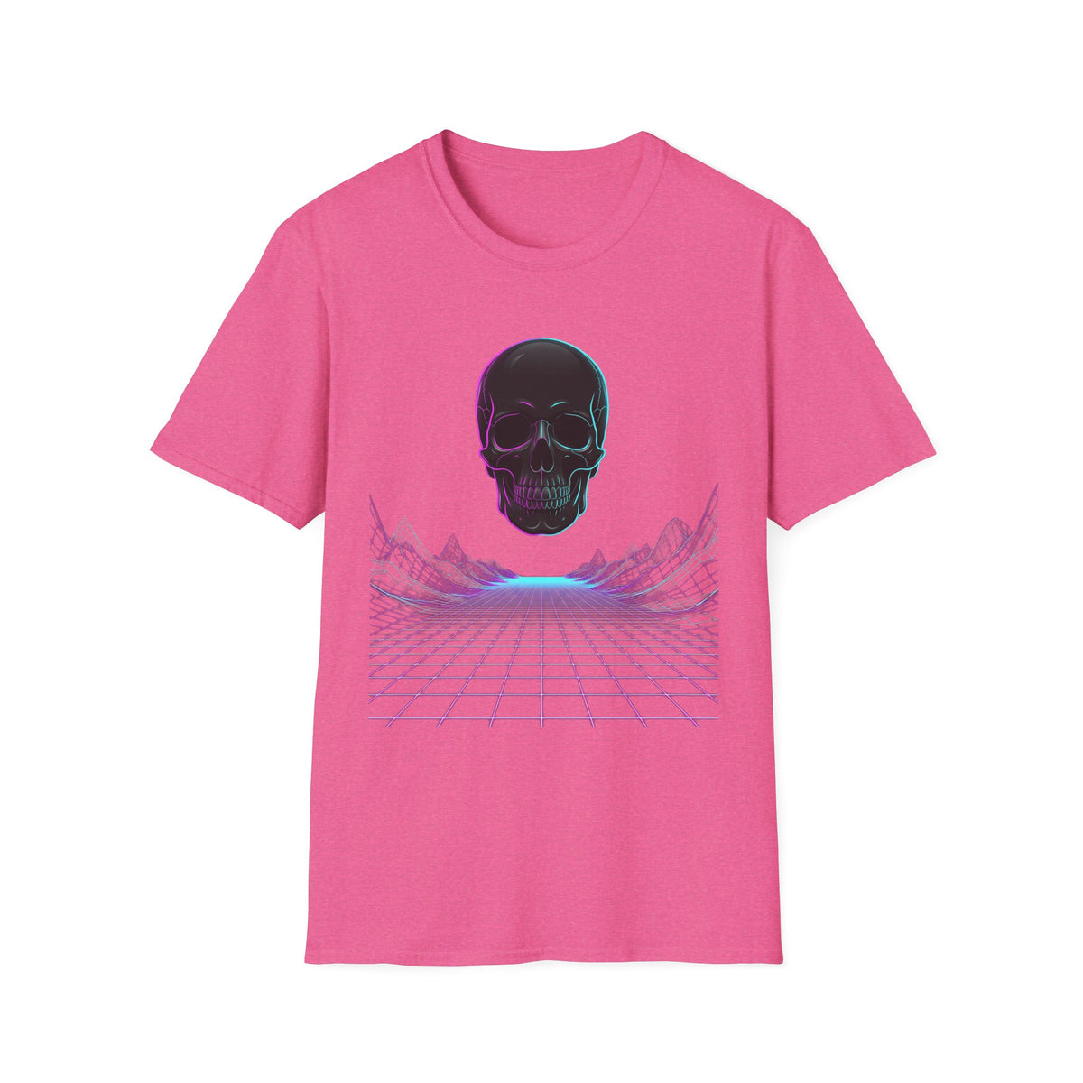 Pink unisex t-shirt front with neon skull and synthwave grid horizon graphic