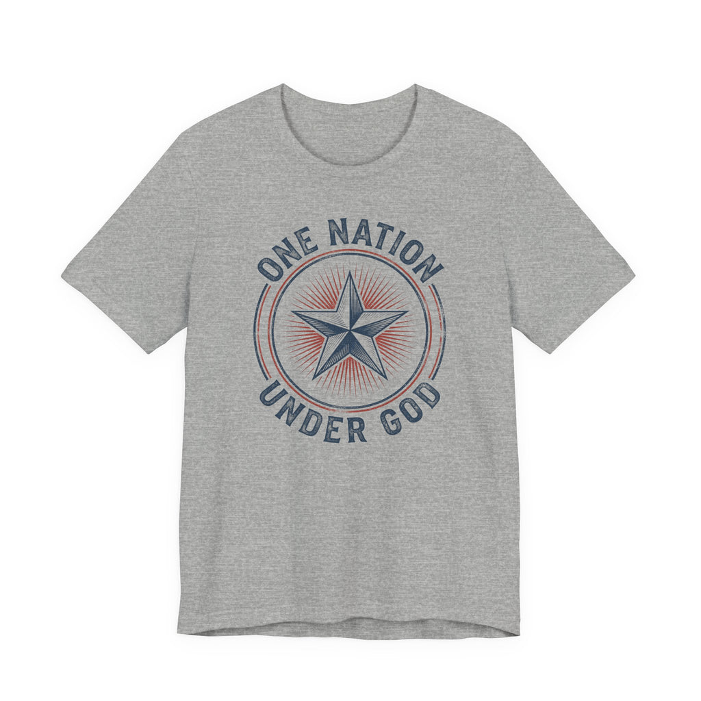 Dark gray heather patriotic star badge T-shirt with 'Under God' text