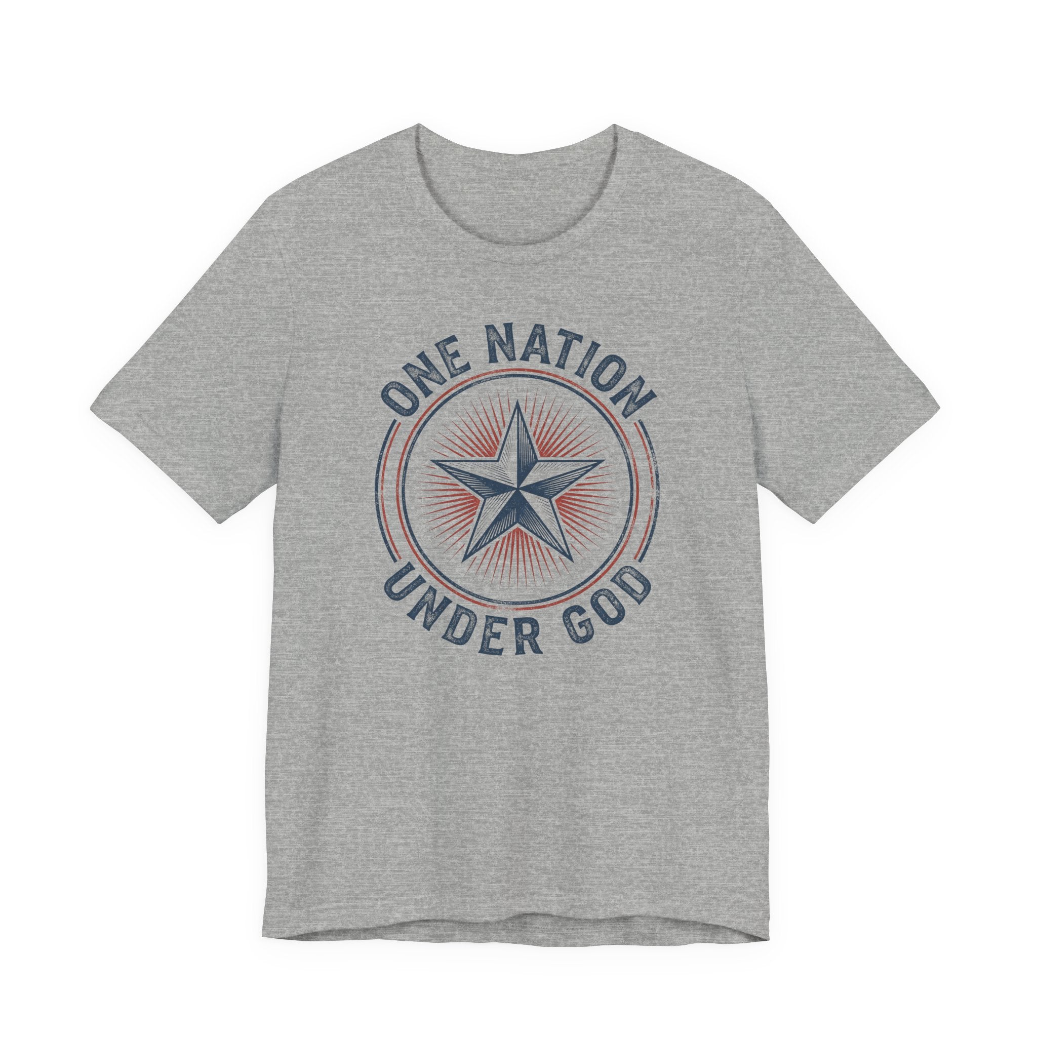 Dark gray heather patriotic star badge T-shirt with 'Under God' text