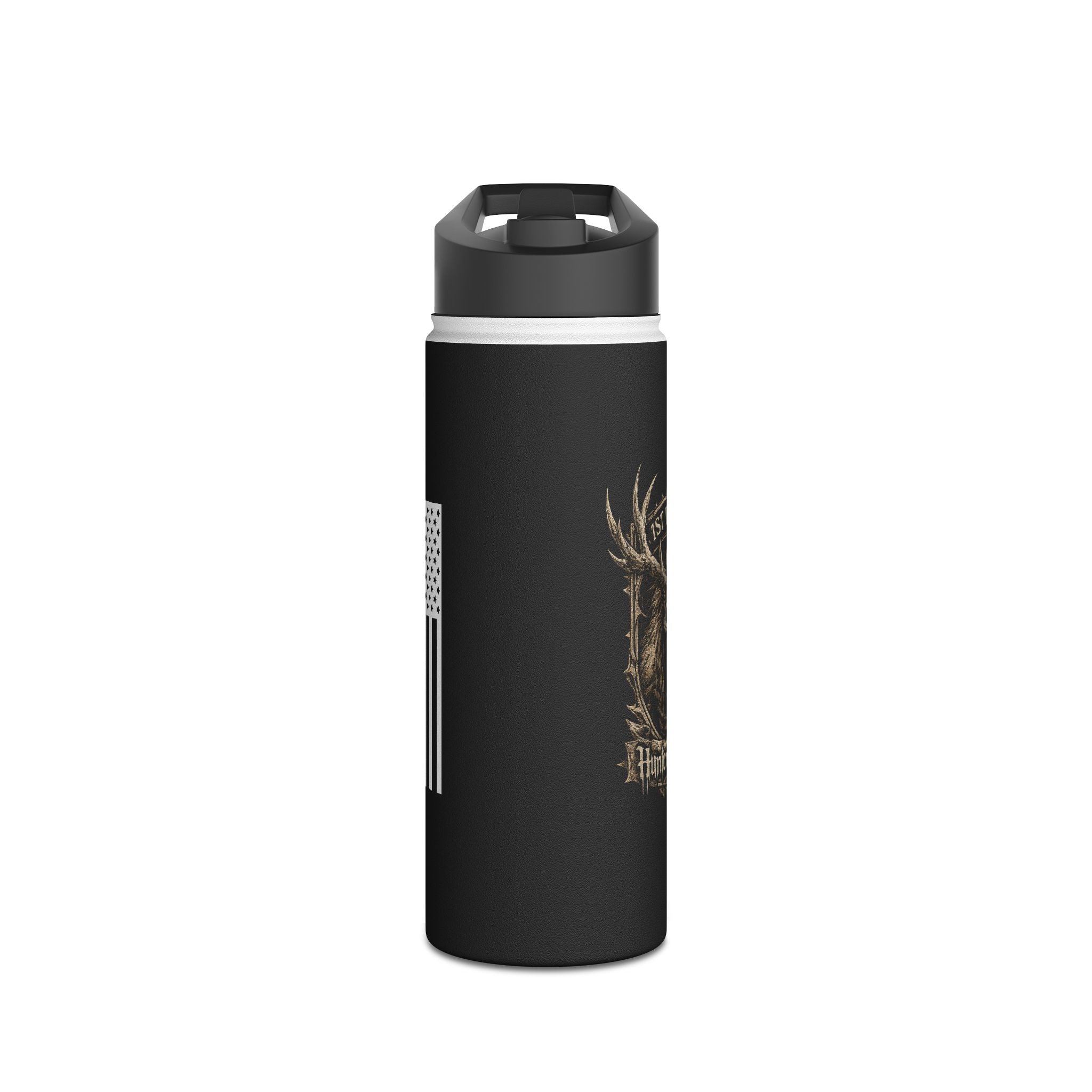 Black stainless steel tumbler with flip lid and antler graphic on side view