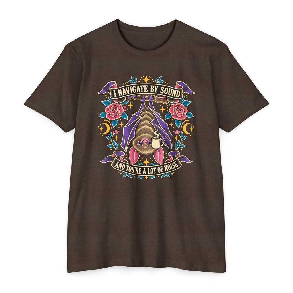 Espresso brown crew-neck T-shirt with colorful bat and floral graphic at center chest