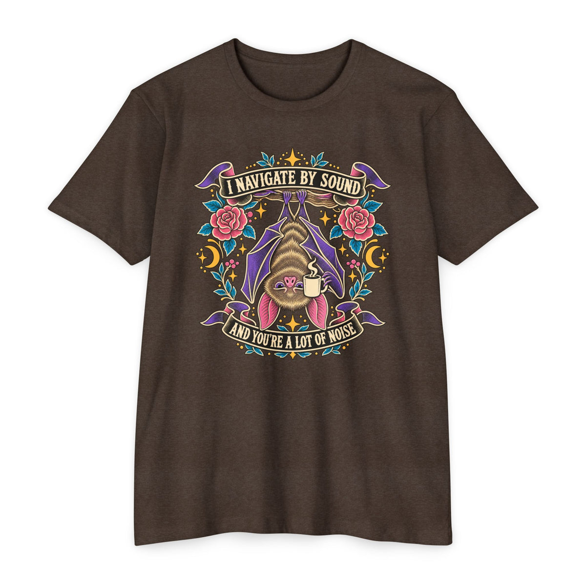 Espresso brown crew-neck T-shirt with colorful bat and floral graphic at center chest