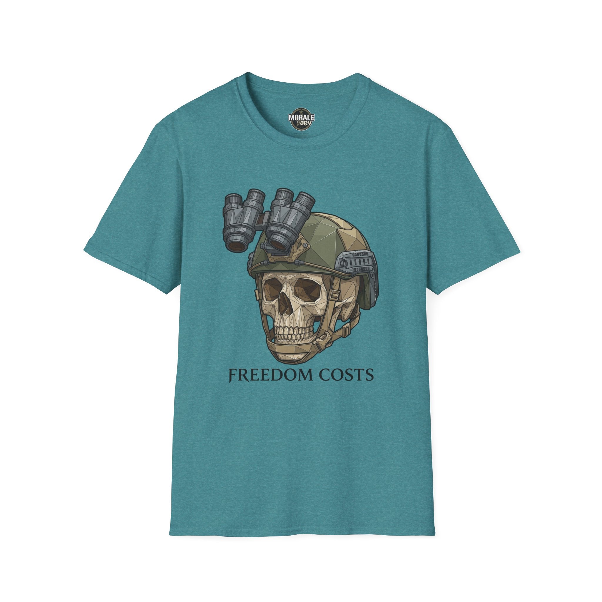 Teal tactical skull NVG graphic T-shirt with “FREEDOM COSTS” text