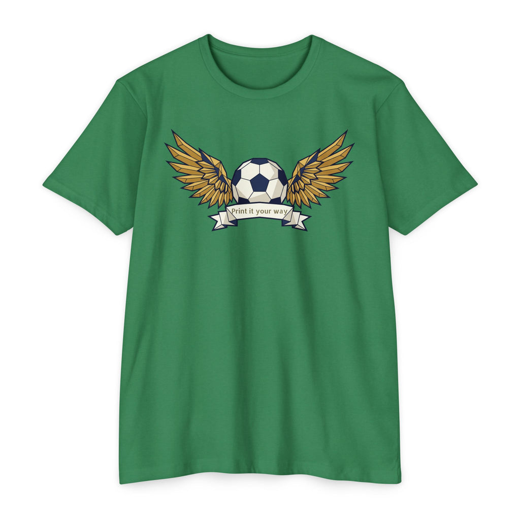 Green unisex soccer T-shirt with winged soccer ball graphic on the chest