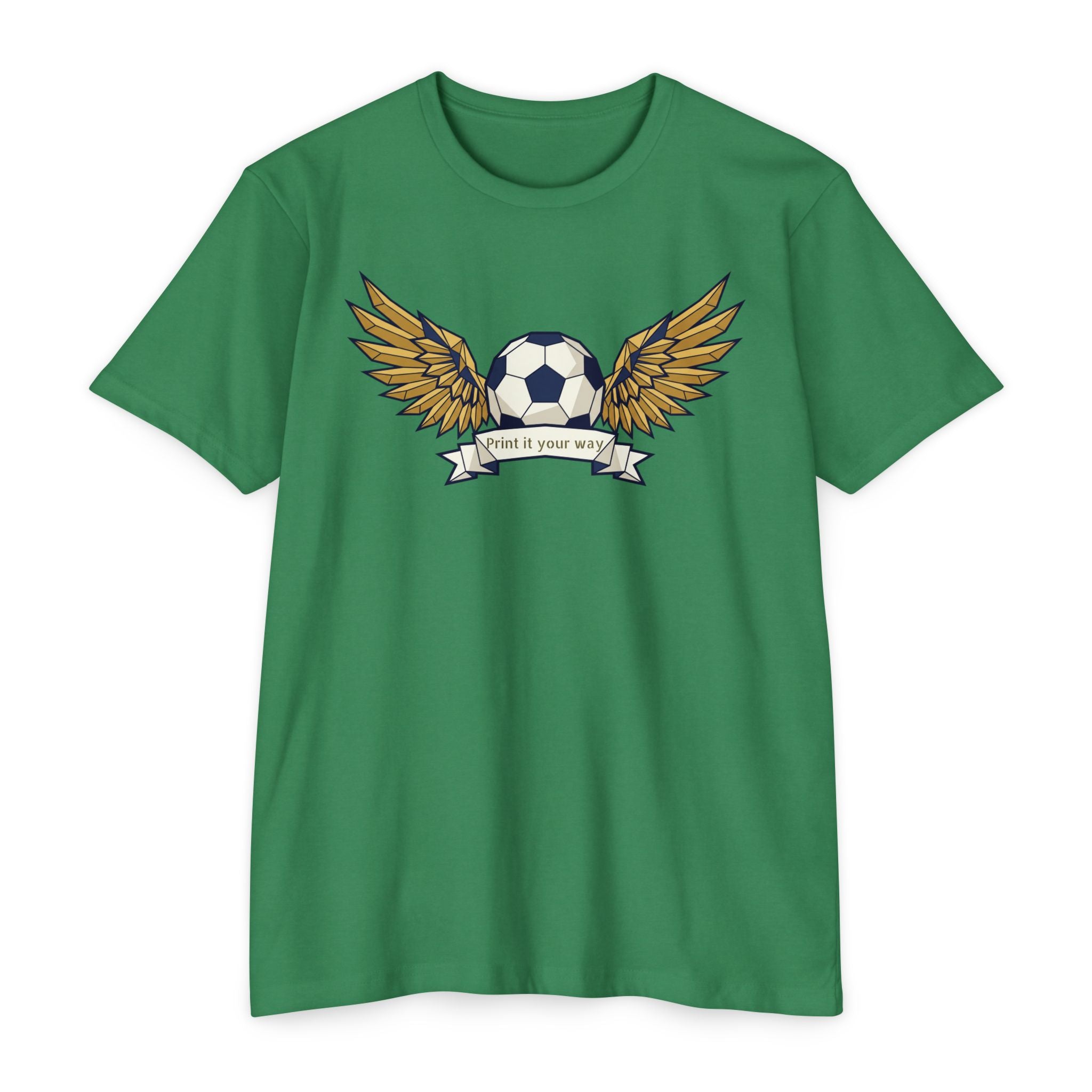 Green unisex soccer T-shirt with winged soccer ball graphic on the chest