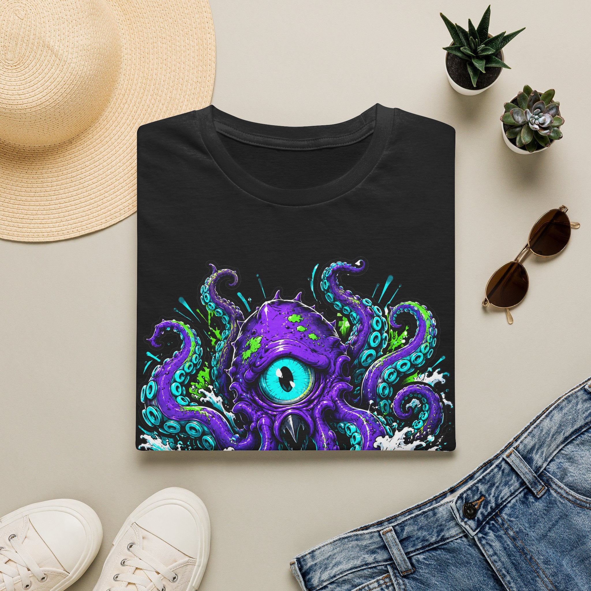 Black graphic octopus T-shirt with purple cyclops eye and teal tentacles