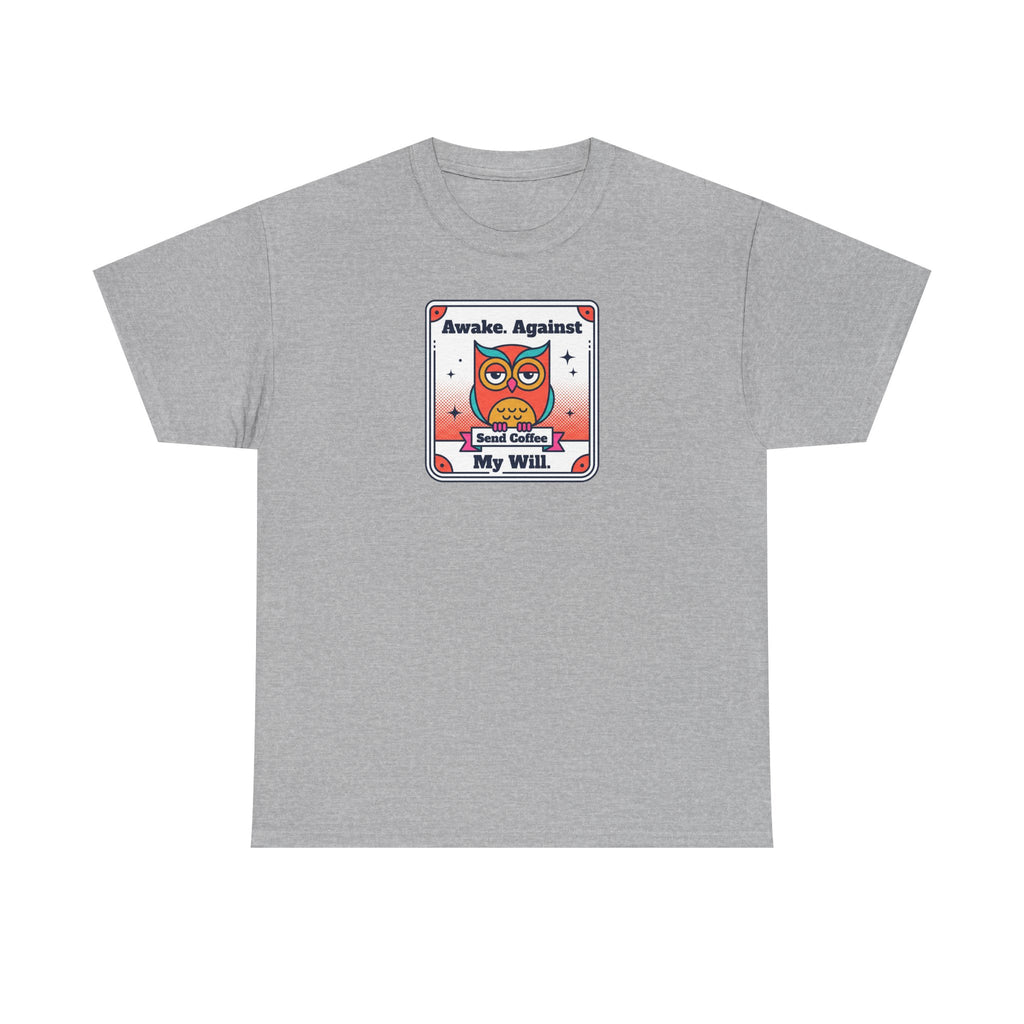 Light gray T-shirt with square graphic print at chest.
