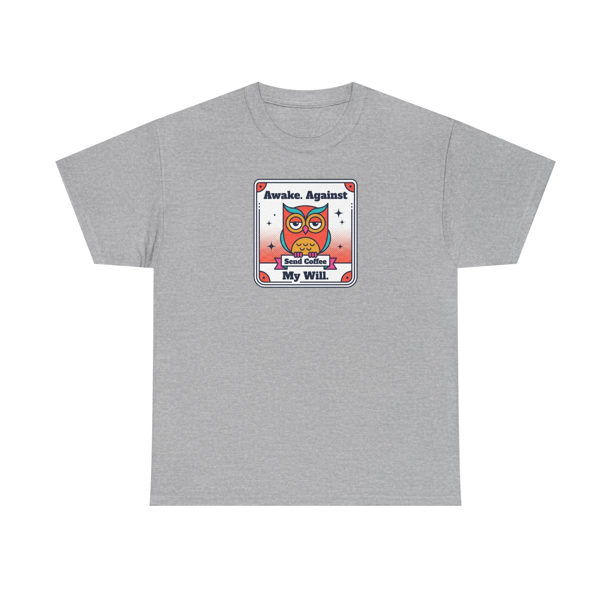 Light gray T-shirt with square graphic print at chest.