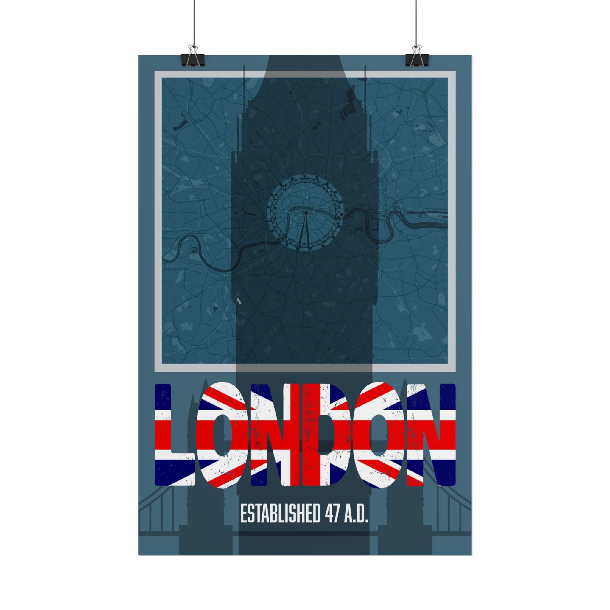 Union Jack London typography art print with “Established 47 A.D.” text
