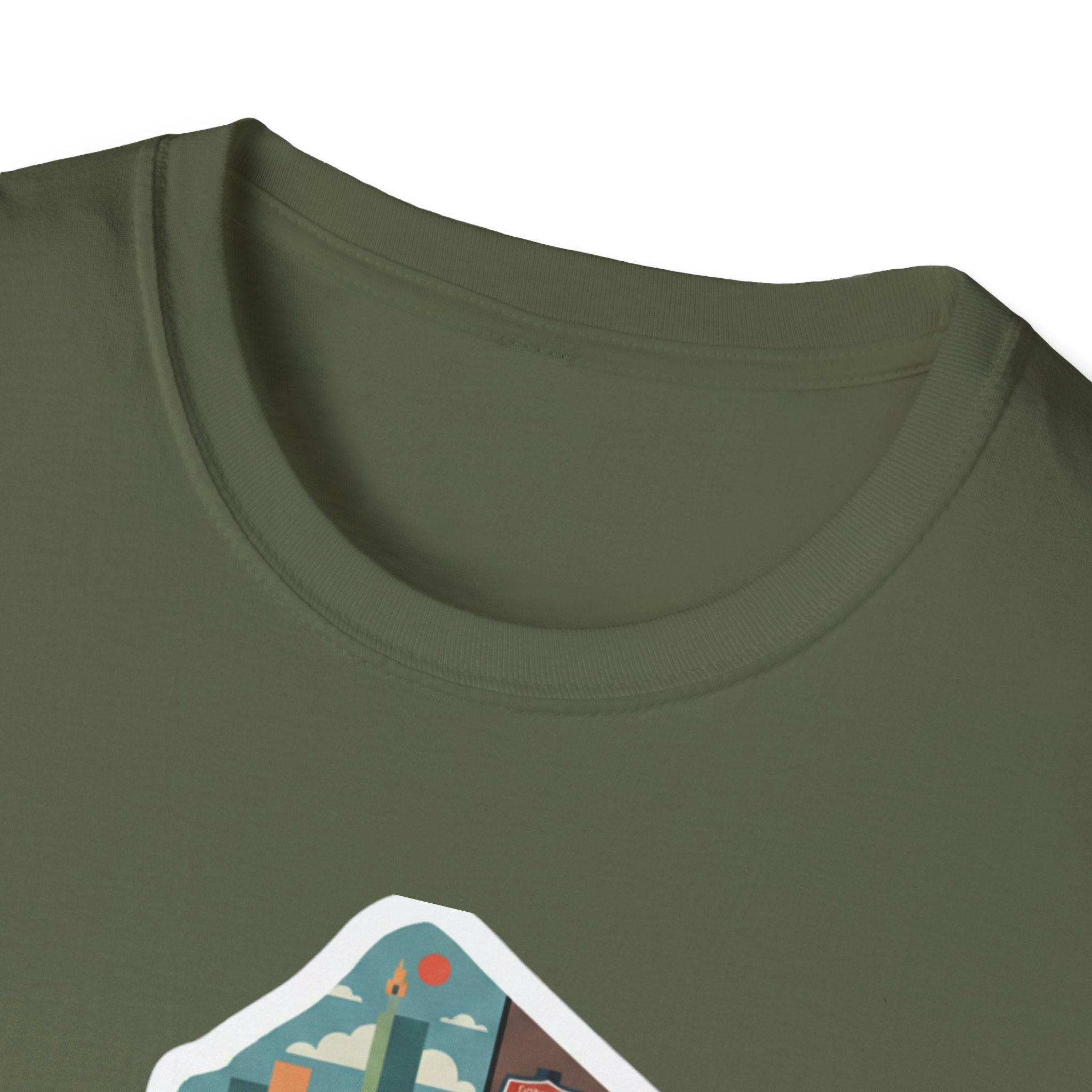 New Jersey map T-shirt, military green crew-neck close-up with top of graphic