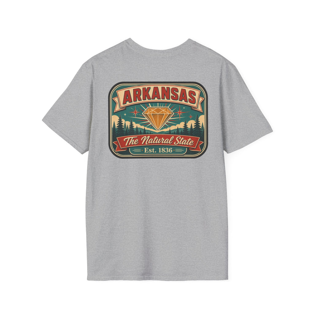 Crewneck T-shirt in light gray with Arkansas “Natural State” badge graphic