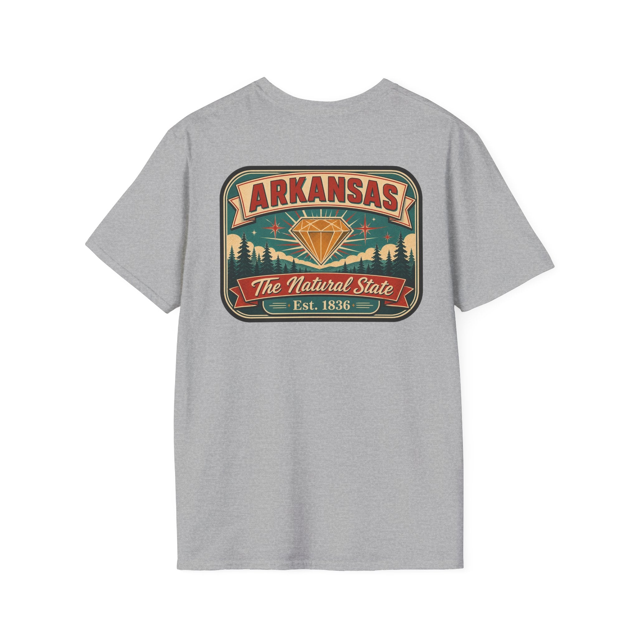 Crewneck T-shirt in light gray with Arkansas “Natural State” badge graphic
