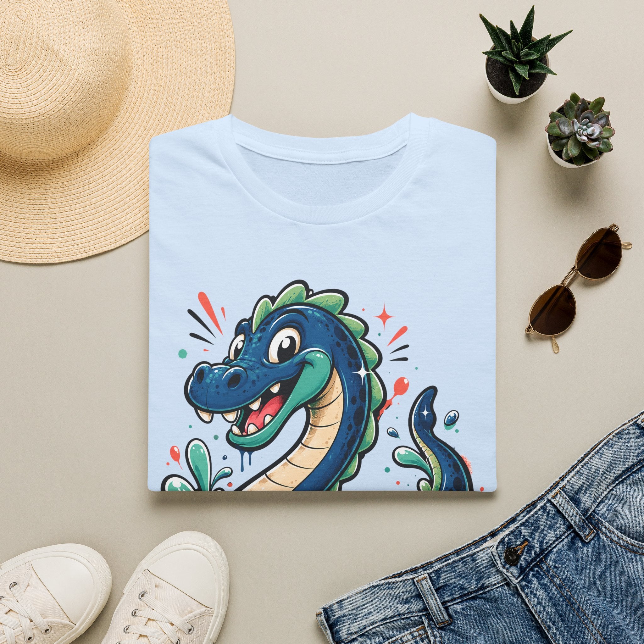 Light blue sea serpent graphic T-shirt with cartoon lake monster face on front
