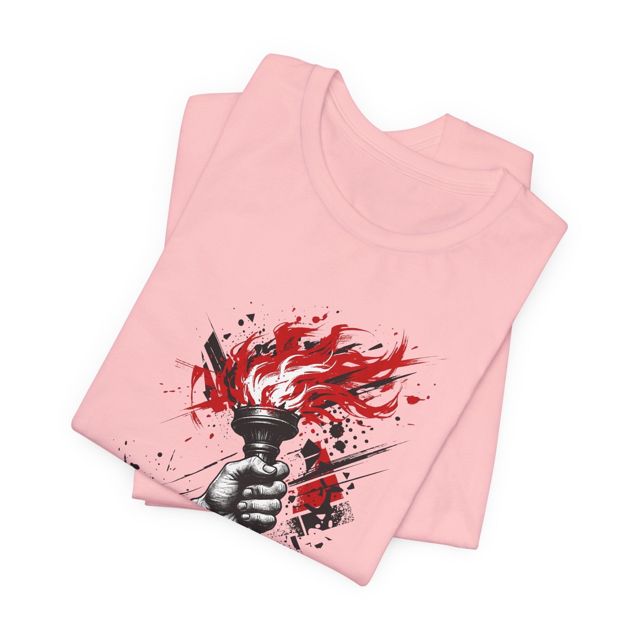 Pink crew-neck T-shirt with torch hand graphic in black and red splatter ink.