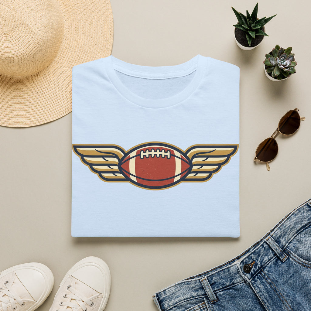 Light blue crewneck t-shirt with winged football graphic on the chest