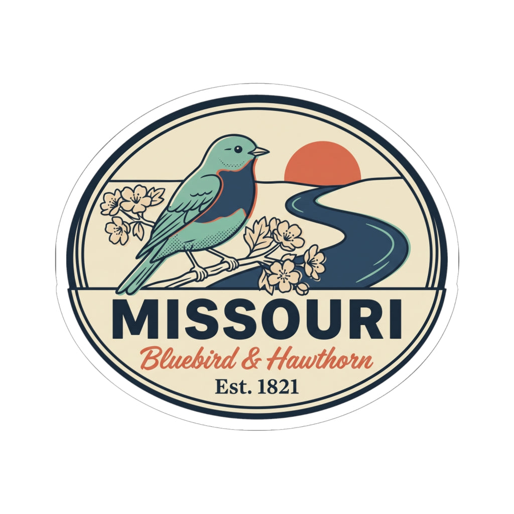 Round vintage Missouri badge decal showing bluebird perched on branch with flowers and Est. 1821